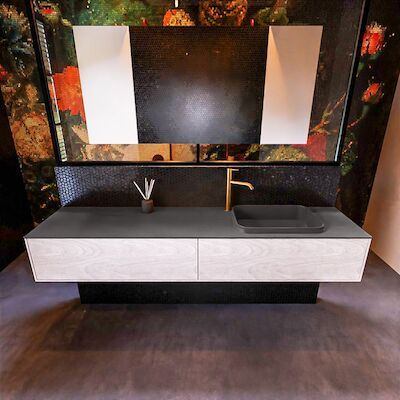 Badkamermeubelset Mondiaz Erin 200 cm met 2 Lades met RIDGE Wastafel Rechts Dark grey met 1 kraangat Greeploos Mat Underlayment