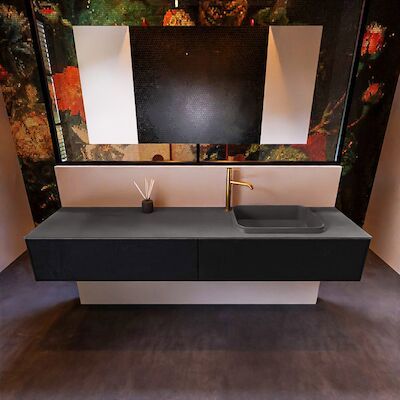 Badkamermeubelset Mondiaz Erin 200 cm met 2 Lades met RIDGE Wastafel Rechts Dark grey met 1 kraangat Greeploos Mat Urban