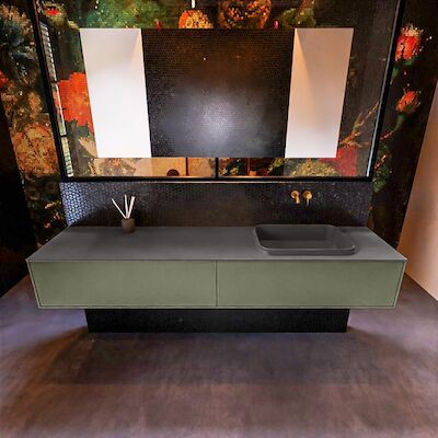 Badkamermeubelset Mondiaz Erin 200 cm met 2 Lades met RIDGE Wastafel Rechts Dark grey Zonder Kraangaten Greeploos Mat Army