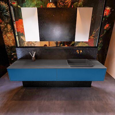 Badkamermeubelset Mondiaz Erin 200 cm met 2 Lades met RIDGE Wastafel Rechts Dark grey Zonder Kraangaten Greeploos Mat Jeans