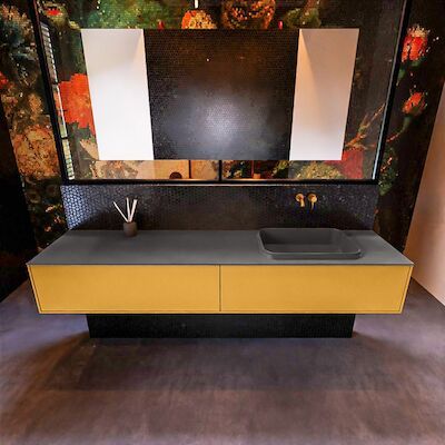 Badkamermeubelset Mondiaz Erin 200 cm met 2 Lades met RIDGE Wastafel Rechts Dark grey Zonder Kraangaten Greeploos Mat Ocher