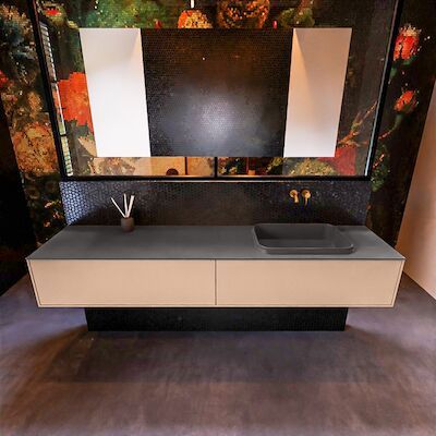 Badkamermeubelset Mondiaz Erin 200 cm met 2 Lades met RIDGE Wastafel Rechts Dark grey Zonder Kraangaten Greeploos Mat Rosee