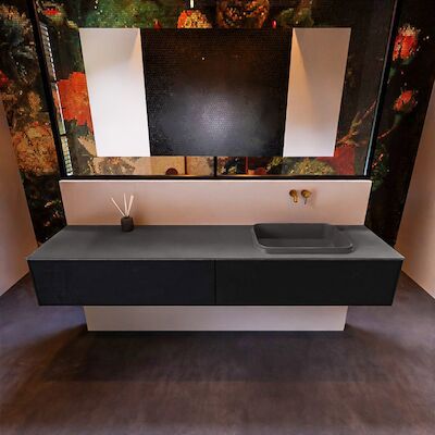 Badkamermeubelset Mondiaz Erin 200 cm met 2 Lades met RIDGE Wastafel Rechts Dark grey Zonder Kraangaten Greeploos Mat Urban