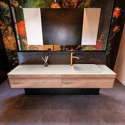 Badkamermeubelset Mondiaz Erin 200 cm met 2 Lades met RIDGE Wastafel Rechts Linen met 1 kraangat Greeploos Mat Dark Brown Grey