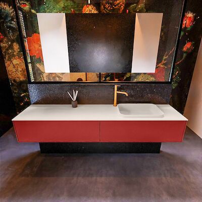 Badkamermeubelset Mondiaz Erin 200 cm met 2 Lades met RIDGE Wastafel Rechts Linen met 1 kraangat Greeploos Mat Fire