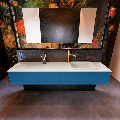 Badkamermeubelset Mondiaz Erin 200 cm met 2 Lades met RIDGE Wastafel Rechts Linen met 1 kraangat Greeploos Mat Jeans