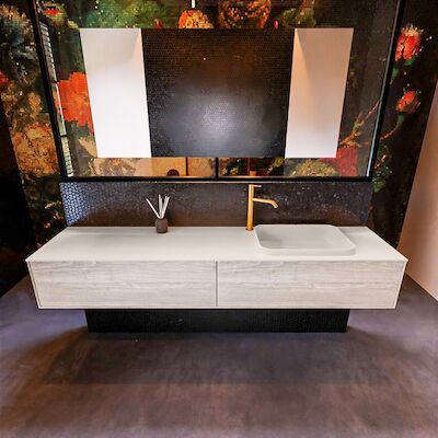 Badkamermeubelset Mondiaz Erin 200 cm met 2 Lades met RIDGE Wastafel Rechts Linen met 1 kraangat Greeploos Mat Light Brown Grey