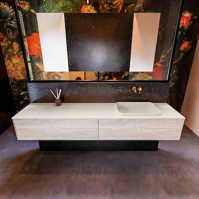 Badkamermeubelset Mondiaz Erin 200 cm met 2 Lades met RIDGE Wastafel Rechts Linen Zonder Kraangaten Greeploos Mat Light Brown Grey