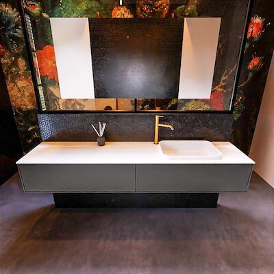 Badkamermeubelset Mondiaz Erin 200 cm met 2 Lades met RIDGE Wastafel Rechts Talc met 1 kraangat Greeploos Mat Dark Grey