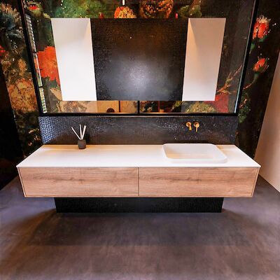 Badkamermeubelset Mondiaz Erin 200 cm met 2 Lades met RIDGE Wastafel Rechts Talc Zonder Kraangaten Greeploos Mat Washed Oak