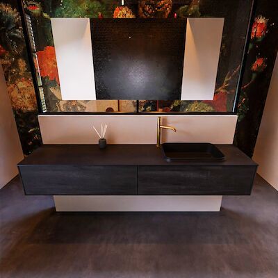 Badkamermeubelset Mondiaz Erin 200 cm met 2 Lades met RIDGE Wastafel Rechts Urban met 1 kraangat Greeploos Mat Dark Brown