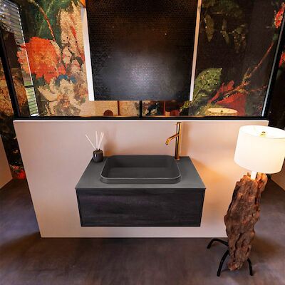 Badkamermeubelset Mondiaz Erin 80 cm met 1 Lade met RIDGE Wastafel Midden Dark grey met 1 kraangat Greeploos Mat Antracite