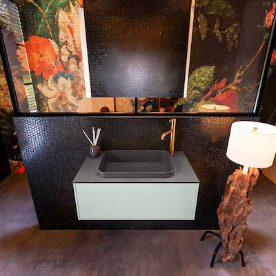 Badkamermeubelset Mondiaz Erin 80 cm met 1 Lade met RIDGE Wastafel Midden Dark grey met 1 kraangat Greeploos Mat Greey