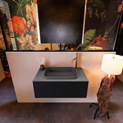 Badkamermeubelset Mondiaz Erin 80 cm met 1 Lade met RIDGE Wastafel Midden Dark grey met 1 kraangat Greeploos Mat Urban