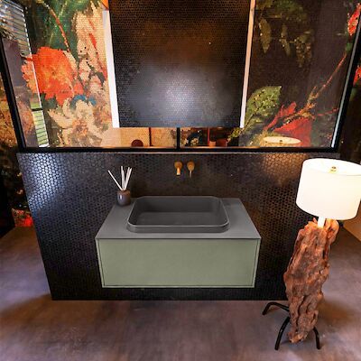 Badkamermeubelset Mondiaz Erin 80 cm met 1 Lade met RIDGE Wastafel Midden Dark grey Zonder Kraangaten Greeploos Mat Army