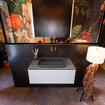 Badkamermeubelset Mondiaz Erin 80 cm met 1 Lade met RIDGE Wastafel Midden Dark grey Zonder Kraangaten Greeploos Mat Cale