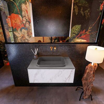 Badkamermeubelset Mondiaz Erin 80 cm met 1 Lade met RIDGE Wastafel Midden Dark grey Zonder Kraangaten Greeploos Mat Carrara