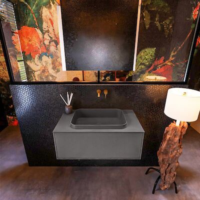 Badkamermeubelset Mondiaz Erin 80 cm met 1 Lade met RIDGE Wastafel Midden Dark grey Zonder Kraangaten Greeploos Mat Dark Grey