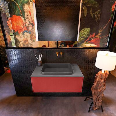 Badkamermeubelset Mondiaz Erin 80 cm met 1 Lade met RIDGE Wastafel Midden Dark grey Zonder Kraangaten Greeploos Mat Fire