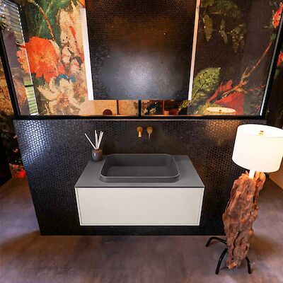Badkamermeubelset Mondiaz Erin 80 cm met 1 Lade met RIDGE Wastafel Midden Dark grey Zonder Kraangaten Greeploos Mat Linen