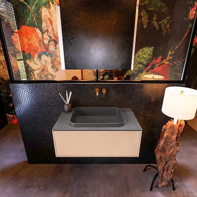 Badkamermeubelset Mondiaz Erin 80 cm met 1 Lade met RIDGE Wastafel Midden Dark grey Zonder Kraangaten Greeploos Mat Rosee