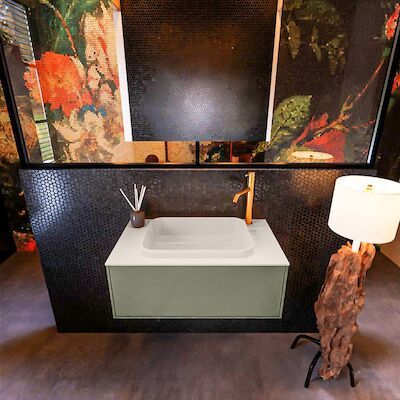 Badkamermeubelset Mondiaz Erin 80 cm met 1 Lade met RIDGE Wastafel Midden Linen met 1 kraangat Greeploos Mat Army
