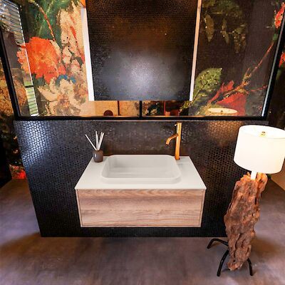 Badkamermeubelset Mondiaz Erin 80 cm met 1 Lade met RIDGE Wastafel Midden Linen met 1 kraangat Greeploos Mat Dark Brown Grey