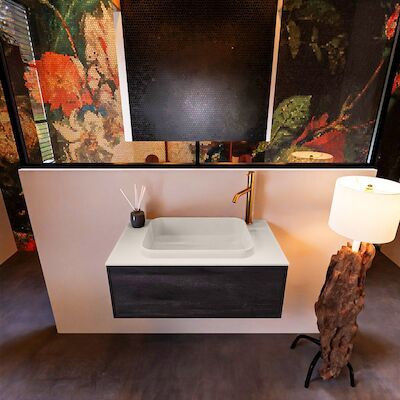 Badkamermeubelset Mondiaz Erin 80 cm met 1 Lade met RIDGE Wastafel Midden Linen met 1 kraangat Greeploos Mat Dark Brown