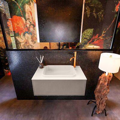 Badkamermeubelset Mondiaz Erin 80 cm met 1 Lade met RIDGE Wastafel Midden Linen met 1 kraangat Greeploos Mat Smoke
