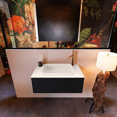 Badkamermeubelset Mondiaz Erin 80 cm met 1 Lade met RIDGE Wastafel Midden Linen met 1 kraangat Greeploos Mat Urban