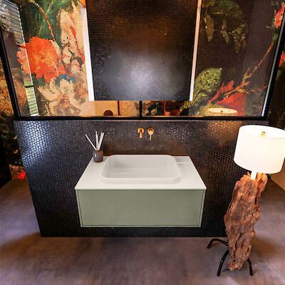 Badkamermeubelset Mondiaz Erin 80 cm met 1 Lade met RIDGE Wastafel Midden Linen Zonder Kraangaten Greeploos Mat Army