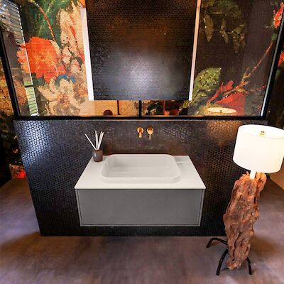 Badkamermeubelset Mondiaz Erin 80 cm met 1 Lade met RIDGE Wastafel Midden Linen Zonder Kraangaten Greeploos Mat Dark Grey