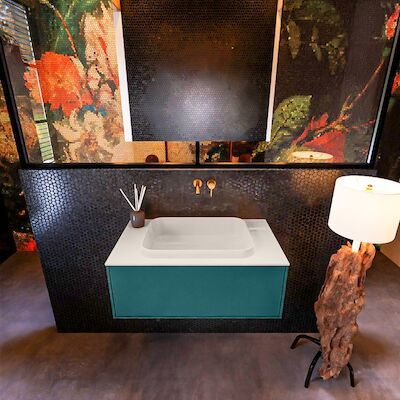 Badkamermeubelset Mondiaz Erin 80 cm met 1 Lade met RIDGE Wastafel Midden Linen Zonder Kraangaten Greeploos Mat Smag