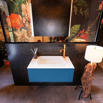 Badkamermeubelset Mondiaz Erin 80 cm met 1 Lade met RIDGE Wastafel Midden Talc met 1 kraangat Greeploos Mat Jeans