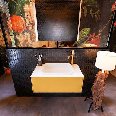 Badkamermeubelset Mondiaz Erin 80 cm met 1 Lade met RIDGE Wastafel Midden Talc met 1 kraangat Greeploos Mat Ocher