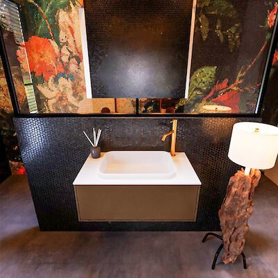 Badkamermeubelset Mondiaz Erin 80 cm met 1 Lade met RIDGE Wastafel Midden Talc met 1 kraangat Greeploos Mat Rust