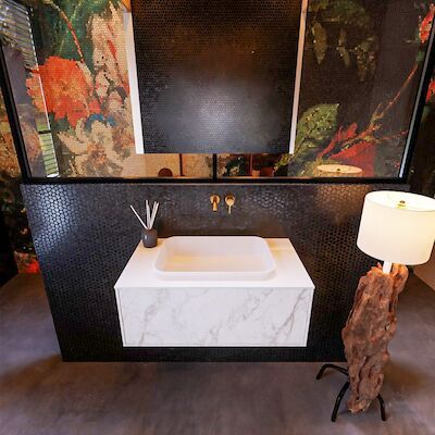 Badkamermeubelset Mondiaz Erin 80 cm met 1 Lade met RIDGE Wastafel Midden Talc Zonder Kraangaten Greeploos Mat Carrara