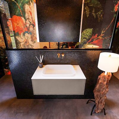 Badkamermeubelset Mondiaz Erin 80 cm met 1 Lade met RIDGE Wastafel Midden Talc Zonder Kraangaten Greeploos Mat Smoke