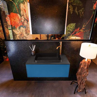 Badkamermeubelset Mondiaz Erin 80 cm met 1 Lade met RIDGE Wastafel Midden Urban met 1 kraangat Greeploos Mat Jeans
