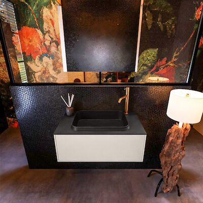 Badkamermeubelset Mondiaz Erin 80 cm met 1 Lade met RIDGE Wastafel Midden Urban met 1 kraangat Greeploos Mat Linen