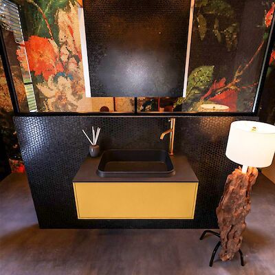 Badkamermeubelset Mondiaz Erin 80 cm met 1 Lade met RIDGE Wastafel Midden Urban met 1 kraangat Greeploos Mat Ocher