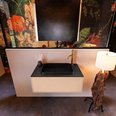 Badkamermeubelset Mondiaz Erin 80 cm met 1 Lade met RIDGE Wastafel Midden Urban met 1 kraangat Greeploos Mat Rosee