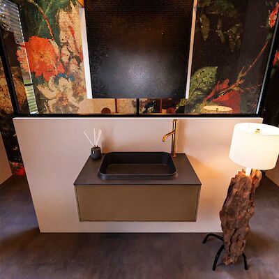 Badkamermeubelset Mondiaz Erin 80 cm met 1 Lade met RIDGE Wastafel Midden Urban met 1 kraangat Greeploos Mat Rust