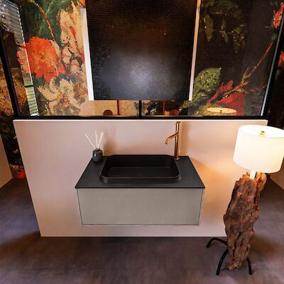 Badkamermeubelset Mondiaz Erin 80 cm met 1 Lade met RIDGE Wastafel Midden Urban met 1 kraangat Greeploos Mat Smoke