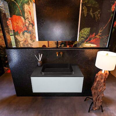 Badkamermeubelset Mondiaz Erin 80 cm met 1 Lade met RIDGE Wastafel Midden Urban Zonder Kraangaten Greeploos Mat Clay