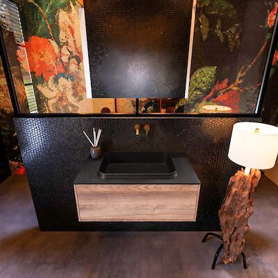 Badkamermeubelset Mondiaz Erin 80 cm met 1 Lade met RIDGE Wastafel Midden Urban Zonder Kraangaten Greeploos Mat Dark Brown Grey