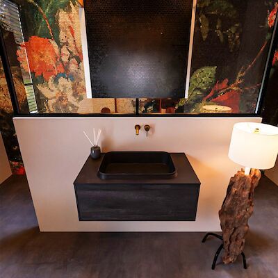 Badkamermeubelset Mondiaz Erin 80 cm met 1 Lade met RIDGE Wastafel Midden Urban Zonder Kraangaten Greeploos Mat Dark Brown