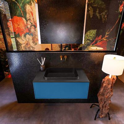 Badkamermeubelset Mondiaz Erin 80 cm met 1 Lade met RIDGE Wastafel Midden Urban Zonder Kraangaten Greeploos Mat Jeans