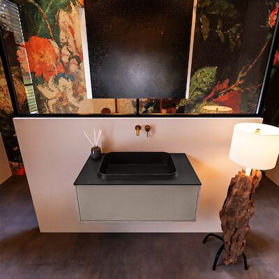 Badkamermeubelset Mondiaz Erin 80 cm met 1 Lade met RIDGE Wastafel Midden Urban Zonder Kraangaten Greeploos Mat Smoke