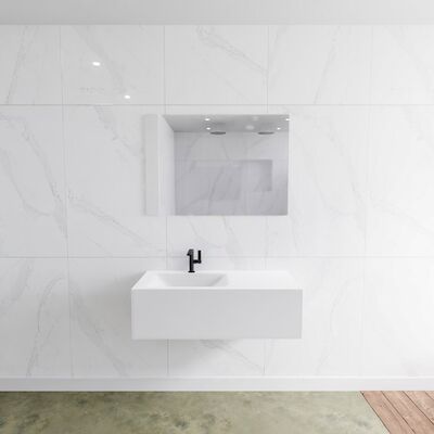 Badkamermeubelset Mondiaz LAGOM 100 cm Linkse Waskom Solid Surface Met 1 Kraangat Mat Wit (1 lade)